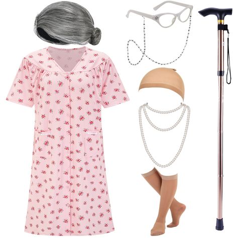 PRICES MAY VARY. Complete Old Lady Costume for Women : This Set Includes a Old Lady Costume Wig, Grandma Costume Dress, Old Lady Glasses with Eyeglass Chains Strap, Granny Cane, Faux Pearl Beads Necklaces, Socks and Wig Cap. Authentic Halloween Old Look Accessories: Each Accessory In This Set is Inspired by The Classic Old Lady Costumes, Ensuring That Your Costume Has a High Level of Authenticity. High-Quality Materials: The Old Women Dress is Made of High-Quality Materials That rre Different Fr Old Lady Costume For Women, Granny Costume, Grandma Costume, Cute Party Outfits, Old Lady Costume, School Costume, Costume For Women, Kids Dress Up, Dress Up Outfits