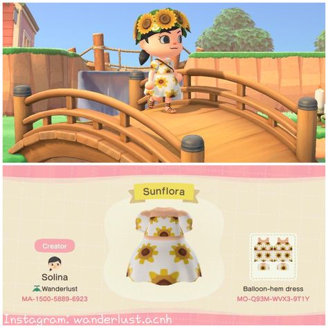 Sunflower Dress Animal Crossing, Acnh Summer Dress Code, Animal Crossing Sunflower Design, Acnh Sunflower Dress, Acnh Sunflower Design Codes, Acnh Flowercore, Acnh Sunflower, Acnh Dresses, Fairy Island