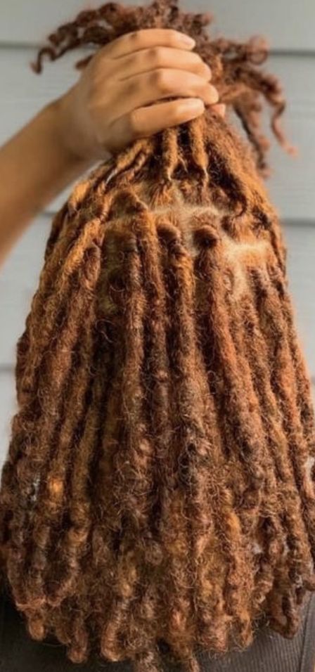 Ginger Hair Color Locs, Light Brown Hair Locs, Autumn Color Locs, Honey Locs Black Women, Fall Hair Colors For Locs, Chestnut Brown Locs, Cinnamon Locs Black Women, Blonde And Ginger Locs, Ginger Brown Locs