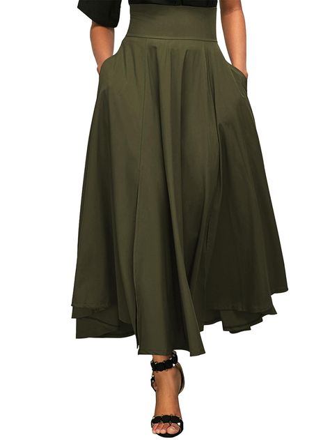 PRICES MAY VARY. Fabric: High waist long skirt is made of good quality soft fabric, breathable, skin-friendly, stretchy, which don't wrinkle, provides you a comfortable feminine touch. Features: Flared long skirt featuring flared design, elastic, high waist, tie knot back, zipped back, flared, a-line, with pockets, long length, perfect to lengthen your legs, the playful long skirt adds more girlish. Match: A-line long skirt is easy to dress ot up or down with your favorite denim jackets, coat, b Green Silk Skirt Outfit Winter, Silk Skirt Outfit Winter, Update Closet, Green Silk Skirt, Silk Skirt Outfit, High Waisted Skirt Outfit, Cocktail Beach, Flare Maxi Skirt, Autumn Palette