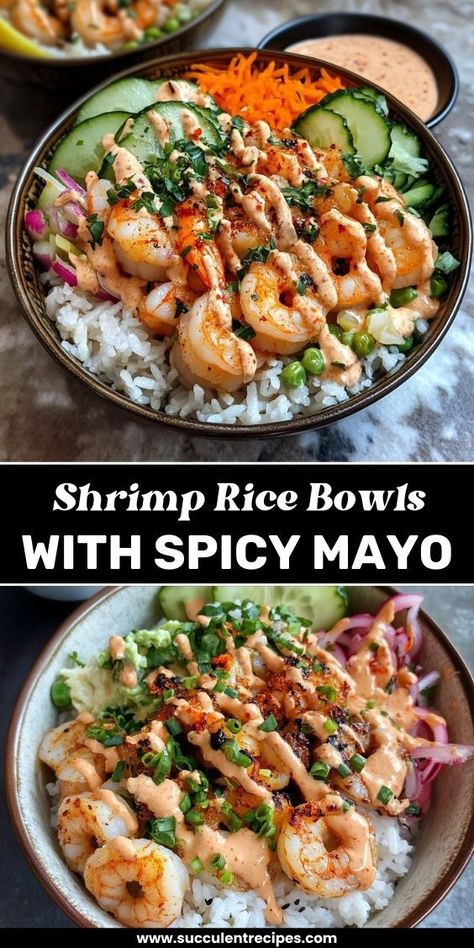 These Shrimp Rice Bowls with Spicy Mayo are a flavor-packed meal! Juicy shrimp, fluffy rice, and a creamy, spicy mayo drizzle make the perfect combination. Easy Dinner Recipes Rice Bowls, Trader Joes Shrimp Taco, Rice Crab Bowl, California Rice Bowl, Take Out Dinner Ideas, Sushi Bowl Recipe Shrimp, Lunch Shrimp Recipes, Recipes With Spicy Mayo, Jasmine Rice Bowl Recipes