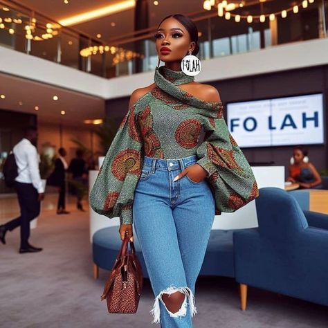 African Top Styles, African Tops For Women With Jeans, Afrochic Fashion, African Print Tops With Jeans, African Attire Tops, Ankara Top Styles For Jeans, Folah Signature, Ankara Tops With Jeans, Tops African Print