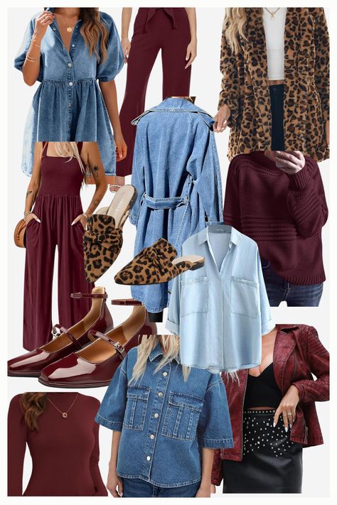 Step into fall 2024 with the season’s hottest fashion trends! This collection features must-have pieces in denim, rich burgundy, and bold leopard prints. From cozy oversized sweaters and chic jumpsuits to statement outerwear and stylish footwear, these trends are perfect for creating effortlessly stylish fall looks. #FallFashion2024 #Denim #Burgundy #LeopardPrint #FallOutfits  as an amazon affiliate, I earn commission from eligible purchases. Fashion Trends Fall 24/25, Colorful Fall Outfits 2024, Trending Colors 2024 Clothes, Denim And Burgundy Outfit, Burgundy Fashion 2024, Fall Oversized Outfits, 2024 Colors Trend, Trend 2024 2025 Fashion Winter Outfit, Trend Fall 2024