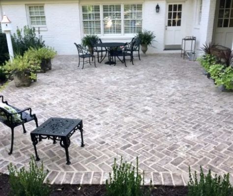 Brick Veneer Pavers, Pavers That Look Like Brick, Brick Patio Front Of House, Patio Pavers Walkway Ideas, Farmhouse Paver Patio, Whitewash Brick Pavers, White Wash Pavers, Outdoor Brick Pavers Patio Ideas, Pavers Against House