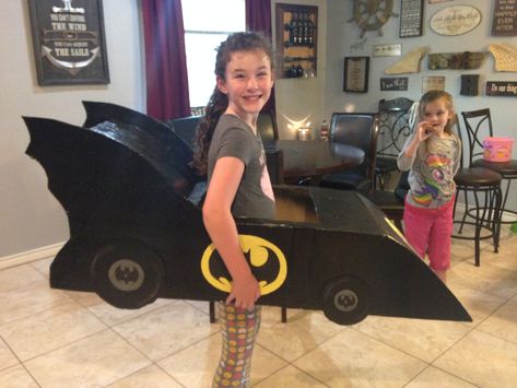 Cub Scout box car racer Batmobile Cardboard Batmobile, Car Costume Diy Cardboard Boxes, Batmobile Wagon Diy, Box Race Car Cardboard, Cardboard Box Racing Car, Batmobile Cardboard Car, Car Costume, Toddler Boy Halloween Costumes, Cardboard Box Car