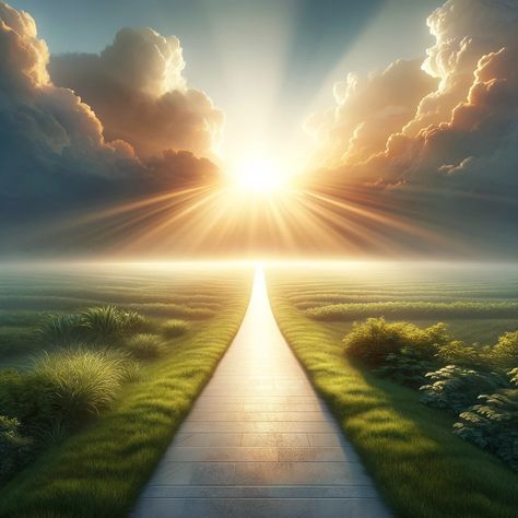 A serene landscape at dawn, featuring a narrow path leading towards a radiant, glowing light in the distance. The path is bordered by lush greenery, symbolizing growth and life. In the sky, soft rays of sunlight break through the clouds, illuminating the path and representing divine guidance and wisdom. The image conveys a sense of peace, guidance, and decision-making in harmony with one's life path and principles, appealing to bible readers. Peaceful Nature Landscape, Peace Background, Path To Heaven, Narrow Path, Serene Landscape, Rays Of Light, Bible Quotes Images, Create Video, Divine Guidance