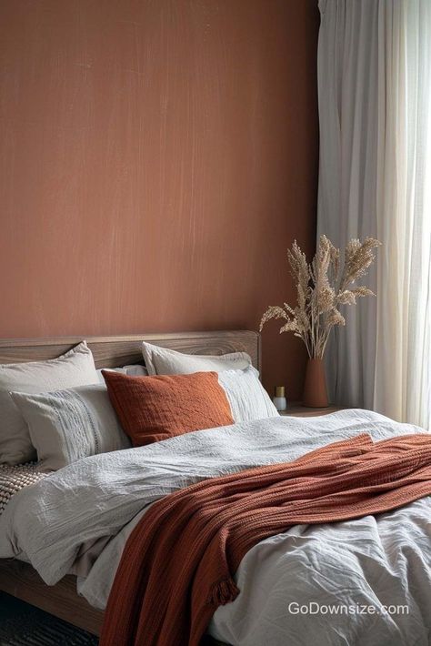 We’re ending the list with some warmth and color with this beautiful terracotta-schemed bedroom, also with limewashed walls. Limewashed Bedroom, Terracotta Walls Bedroom, Terracotta Limewash Walls, Light Terracotta Walls, Limewash Walls Bedroom, Limewashed Walls, Bedroom Terracotta, 30s House, Feminine Bedroom Design