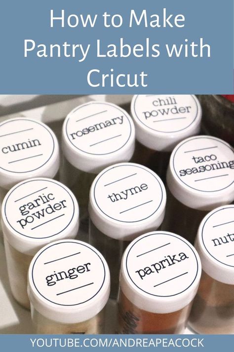 how to make pantry labels with Cricut: tops of spice jars are pictures with white circular labels and black text Cricut Labels For Jars, Cricut Stickers Vinyl, Cricut Spice Jar Labels, Aesthetic Labels, Cricut Writing, Labels With Cricut, Pantry Labels Svg, Cricut Pens, Food Label Sticker