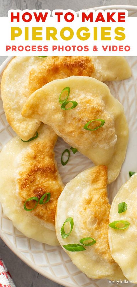 This homemade Polish Pierogi recipe starts with tender dough and then has a potato and cheese filling. They're pan fried in butter and served with sour cream. Learn how to make pierogies with these step by step photos and easy video instruction! Perogies Dough Recipe Sour Cream, Potato Cheese Pierogi, Cheese And Potato Perogies, Easy Homemade Perogies, Perogies Recipe Easy, Easy Perogies Dough Recipe, Pierogi Recipe Easy, Mini Perogies Recipe, Potato Perogies Recipe