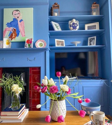 Blue painted storage, eclectic Cooks Blue Farrow And Ball, French Blue Paint, Blue Paint Color, Colourful Living Room, Farrow And Ball, Florida House, Blue Living Room, Living Room Storage, Living Room Inspo