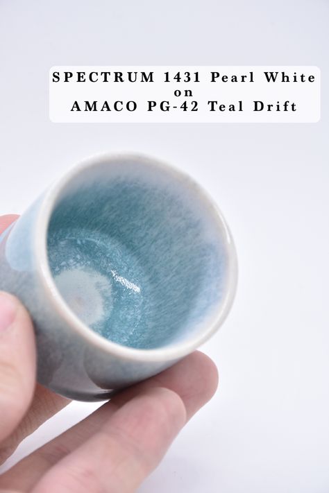 Spectrum 1431 Pearl White on Amaco new series PG-42 Teal Drift Fire to Cone 6 Spectrum Pearl White, Spectrum Glazes, Glaze Combos, Glaze Ideas, Pottery Glaze, Amaco Glazes, Ceramic Glaze Recipes, Organic Ceramics, Wheel Throwing