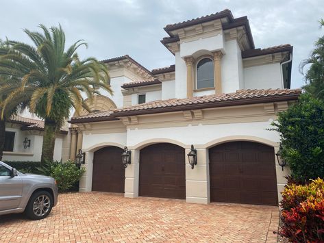 Spanish Style Garage, Dark Garage, Spanish Mission, Wood Garage, Wood Garage Doors, Garage Door, Dark Wood, Outdoor Spaces, House Exterior