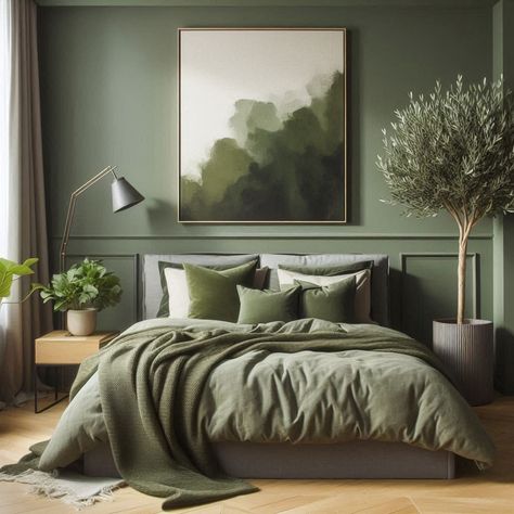 Olive Green Bedroom Olive Room Bedrooms, Olive And Sage Bedroom, Grey And Olive Green Bedroom, Olive Bedding Bedroom Ideas, Botanical Bedroom Ideas, Bedroom Olive Green, Olive Green Bedroom Ideas, Green And Grey Bedroom Ideas, Sage Green Bedrooms