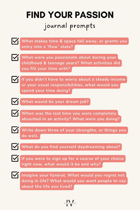 What inspires you and makes you get out of bed in the morning? These 9 journal prompts to find your passion are a great way to get to know yourself at a deep level and work out what makes you tick! Read more on how to embrace creativity on the blog. 🌱 Journal Prompts For Finding Your Passion, Knowing Yourself Questions, How To Know Your Passion, Journaling To Find Yourself, Get To Know Yourself Journal Prompts, Journal Prompts To Find Your Purpose, How To Get Inspired, How To Find A Hobby, How To Get To Know Yourself