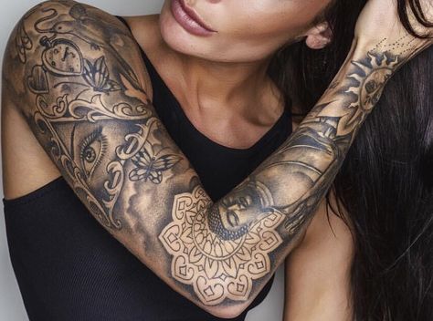 Buddha sleeve @georginahornsbyy Buddha Tattoo Sleeve, Fake Tattoo Sleeves, Buddha Tattoo Design, Polynesian Tattoos, Full Sleeve Tattoo Design, Buddha Tattoo, Custom Temporary Tattoos, Muster Tattoos, Best Tattoos For Women