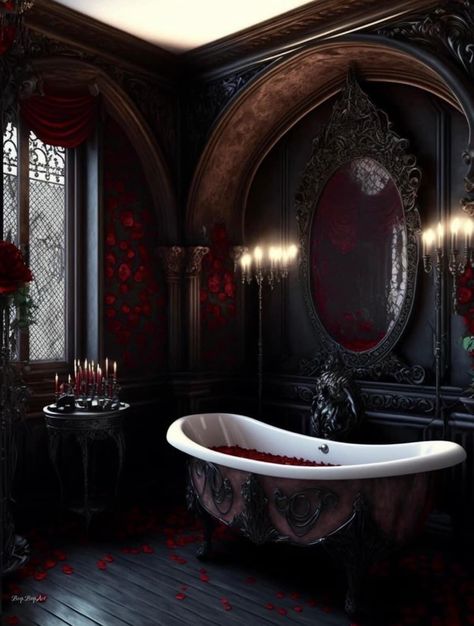 Black & Red Gothic Bathroom by Beep Boop Art Gothic Bathroom Ideas, Gothic Bathroom Decor, Gothic Bathroom, Goth Houses, Gothic Interior, Red Gothic, Dark Bathrooms, Victorian Bathroom, Dark Home Decor