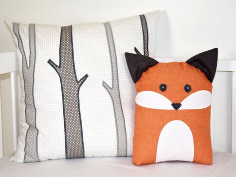 Birch Trees Pillow Cover and Fox Pillow Crochet Fox Pillow Pattern Free, Fox Pillow Pattern, Fox Bed Sheets, Fox Baby Bedding, Fox Cushions, Tree Applique, Deer Blanket, Woodland Blanket, Fox Pillow