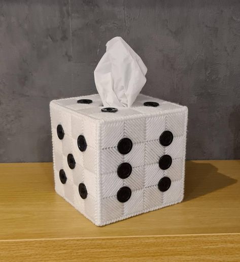 This novelty Dice Tissue Box Cover is quirky and will add a bit of fun to your office, games room or a kids bedroom. Its a great gift for fathers day or for a board games fan on their birthday. Measuring 13cm x 13cm x 13cm, it is perfectly square and will cover any standard square box of tissues. Made from plastic canvas and Chunky weight yarn. FREE box of tissues included Office Games Room, 80s Room, Box Crafts, Pinterest Contest, Roll The Dice, Quirky Home Decor, Cute Bedroom Decor, Tissue Box Cover, Cute Room Decor