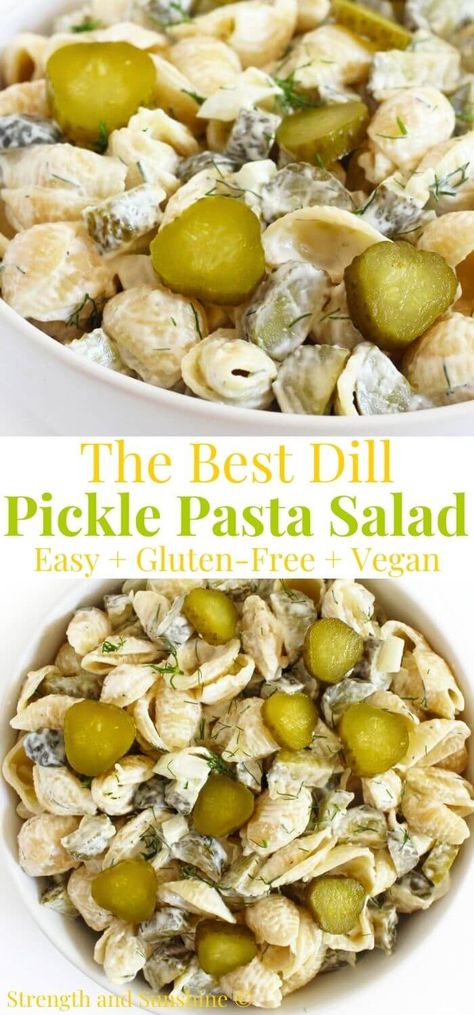 Dill Pickle Pasta Salad (Gluten-Free, Vegan) | Strength and Sunshine | This easy Dill Pickle Pasta Salad is a must for all pickle lovers! Gluten-free and vegan, this pickle pasta salad is cool, creamy, tangy, and salty with the perfect amount of real pickle crunch and fresh herby dill! This healthier allergy-free side dish recipe is just 7 ingredients, perfect for potlucks, cookouts, BBQs, and quick weekly meal prep! Sweet Pickle Pasta Salad, Fill Pickle Pasta Salad, Gluten And Dairy Free Pasta Salad, Easy Gluten Free Pasta Salad, Easy Dill Pickle Pasta Salad, Gluten Free Potluck Ideas, Macaroni Salad Dill Pickle, Vegan Dill Pickle Pasta Salad, Gluten Free Pasta Salad Recipes