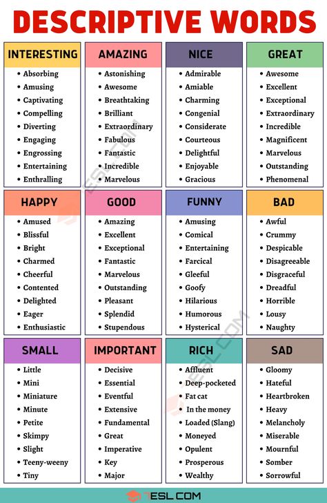 Descriptive Words: Hundreds Of Descriptive Adjectives & Adverbs With Examples - 7 E S L Writing Vocabulary Words, Business Adjectives, Descriptive Essay Example, Good Descriptive Words, Words For Good, Description Words, Descriptive Adjectives, Good Adjectives, Descriptive Language