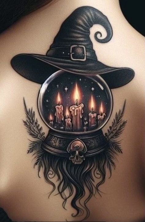 Halloween Half Sleeve Tattoos For Women, Wiccan Back Tattoo, Upper Thigh And Hip Tattoo Women, Witch Hat Tattoo Design, Tattoos For Women Witchy, Halloween Witch Tattoo, The Witch Tattoo, Tattoo Bein Frau, Fall Tattoo