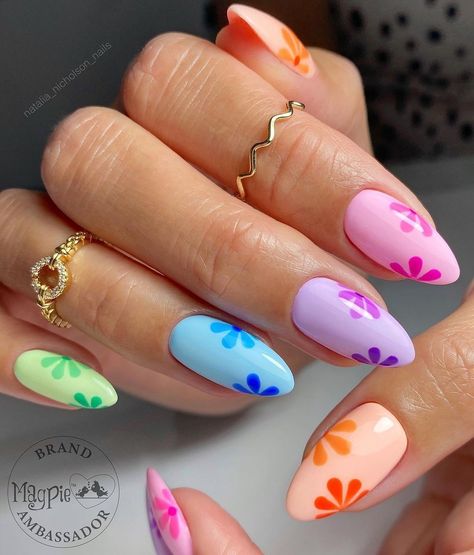 #Nail_Art_Designs_Multi_Color #Pastel_Flower_Nail_Designs #Colorful_Nails_With_Flowers #Pastel_And_Neon_Nails Pastel And Neon Nails, Pastel Flower Nail Designs, Multi Nail Designs, Creative Summer Nails, Pastel Neon Nails, Bright Colorful Nails, Rainbow Nails French Tip, Summer Nail Art 2024, Girly Nail Designs