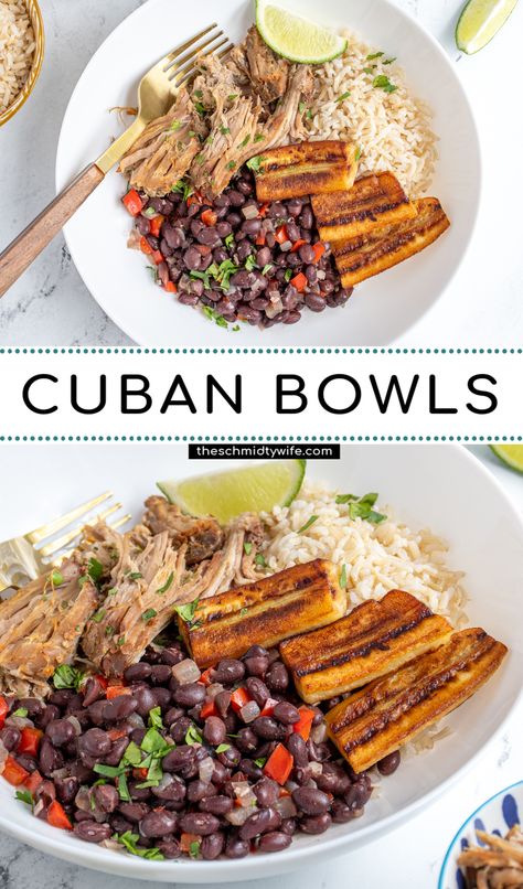 Easy to assemble these delicious Cuban Bowls are full of pork, cuban black beans, fried plantains/bananas, and rice. Making for a fun and fresh meal! Cuban Bowl Pork Black Beans Rice, Cuban Rice Bowl, Cuban Bowl, Cuban Pork Bowl, Cuban Bowl Recipe Cuban Bowls Mojo Pork, Mojo Pork Rice Bowl, Cuban Banana Recipe, Cuban Pork Bowl, Fried Plantain Recipe Cuban, Cuban Pork Bowl Recipe, Pork Black Beans And Rice, Mexican Pork Rice Bowls, Healthy Cuban Recipes