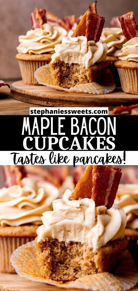 Maple Bacon Cupcakes Cake Mix Recipe, Maple Pancake Cupcakes, Maple Bacon Pancake Cupcakes, Maple Bacon Cake Pops, Maple Bacon Desserts, Maple Bacon Cake Recipe, Candied Bacon Cupcakes, Birthday Cupcakes Ideas For Men, Maple Bacon Cake