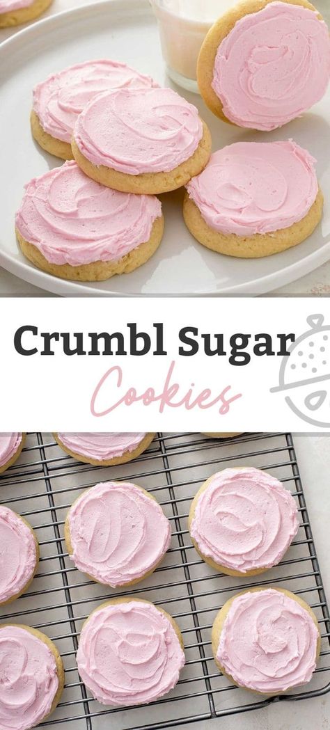 Cookie Recipes Crumbl Copycat, Vanilla Bean Crumble Cookie, Pink Snickerdoodle Cookies, Crumbl Cookie Base Recipe, Soft Sugar Cookies With Frosting, Cookie With Frosting Recipes, Pink Frosting Cookies, The Best Sugar Cookie Frosting, Cooking With Karli Copycat Crumbl Chilled Sugar Cookies