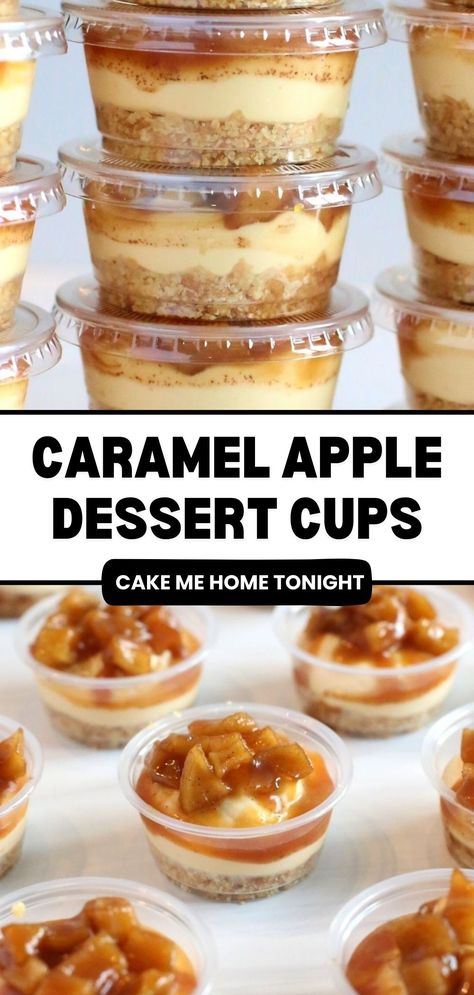 Easy On The Go Desserts, Caramel Apple Cups, Simple Dessert Ideas Homemade, Caramel Apple No Bake Dessert, Easy No Bake Apple Desserts, Single Serve Fall Desserts, Caramel Apple Cheesecake Cups, Desserts That Wont Melt Outside, No Bake Cup Desserts