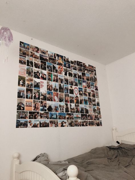 Wall Covered In Photos, Poloroid Pictures Ideas Wall Collage, Room Ideas With Pictures On Wall, Room Ideas Photos Wall, Wall Of Pictures Bedroom, Photo Display Ideas Bedroom, Photo Wall Collage Above Bed, Signs In Bedroom, Cute Photo Wall Ideas