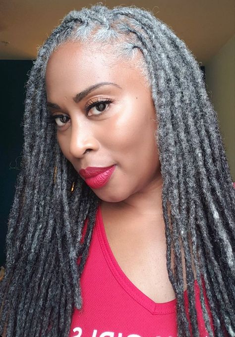 Grey Dreadlocks Black Women, Grey Locs Black Women, Loc Starter, Gray Sisterlocks, Salt And Pepper Locs, Grey Hair Locs, Silver Locs, Gray Locs, Grey Locs