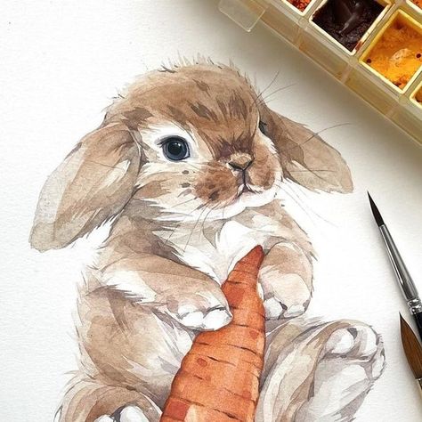 Watercolor Rabbit, Watercolour Bunny Tutorial, Rabbit Drawing Watercolors, Watercolour Rabbit Simple, Peter Rabbit Painting Watercolour, Watercolor Bunny With Flowers, Animal Illustration Art, Diy Watercolor Painting, Watercolor Flower Art