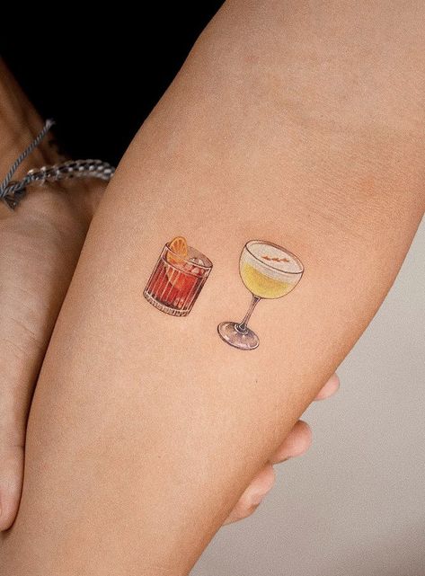 Life Of The Party Tattoo, Old Fashioned Tattoo Drink, Whiskey Sour Tattoo, Old Fashioned Tattoo Ideas, Negroni Tattoo Ideas, Gin Tattoo Ideas, Moscow Mule Tattoo, Gin Glass Tattoo, Cocktail Tattoo Ideas