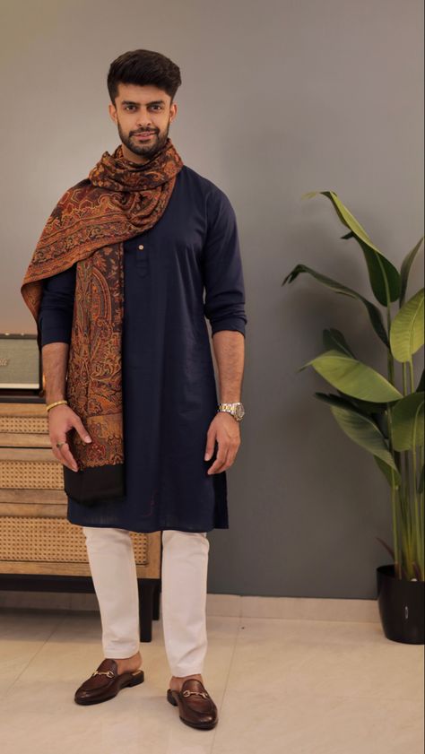 #wedding #fashion #weddingideas Kurta Pajama Men With Shawl, Kurta With Shawl Men, Outfit With Shawl, Model Wardrobe, Kurta Ideas, Indian Wedding Suits Men, Celebration Outfit, Mens Shawl, Pajama Men