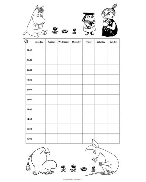 Moomin schedule – print out for free and keep track of your daily activities! School Schedule Design, Moomin Valley Aesthetic, Moomin Diy, Moomin Print, Sanrio Prints, Scrap Stickers, Moomin Books, Abc Coloring Pages, Note Writing Paper