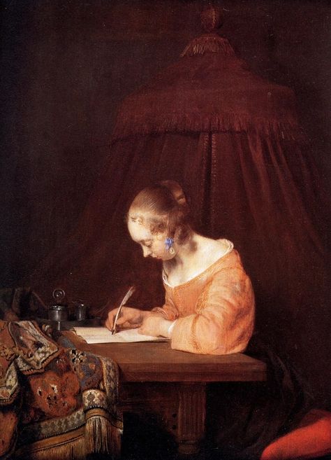 Girl Writing a Letter Woman Writing, Dutch Golden Age, Women Writing, Johannes Vermeer, Dutch Painters, Morning Humor, Rembrandt, Delft, Bones Funny