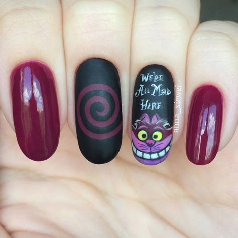 Finger Biting, Alice In Wonderland Nails, Cat Mad, Wonderland Nails, Mad Hatter Alice In Wonderland, Hatter Alice In Wonderland, Nail School, Character Nails, Disney Inspired Nails