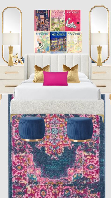 #myfirstshuffle Hot Pink Navy And Gold Bedroom, Navy And Hot Pink Bedroom, Navy And Pink Dorm Room, Turquoise Bedroom Ideas For Adults, Colorful Airbnb, Navy Blue And Pink Bedroom, Modern Colorful Bedroom, Cheetah Bedroom, Preppy Apartment Decor