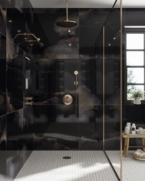 Revive your bathroom into a serene oasis with Tile Club’s exquisite collection of tiles. From elegant marble to vibrant mosaics, our tiles bring style and sophistication to any space. 🌿✨ #TileClub #BathroomGoals #ShowerDesign #InteriorDesign #HomeDecor #TileInspiration Black And Gold Shower Tile, Black Marble Wall Bathroom, Black Shower Tiles Ideas, Black On Black Shower Tile, Black Marble Shower Walls, Black Marble Bathroom Ideas, Black Marble Tile Bathroom, Black Gold And White Bathroom, Dark Bathroom Tiles