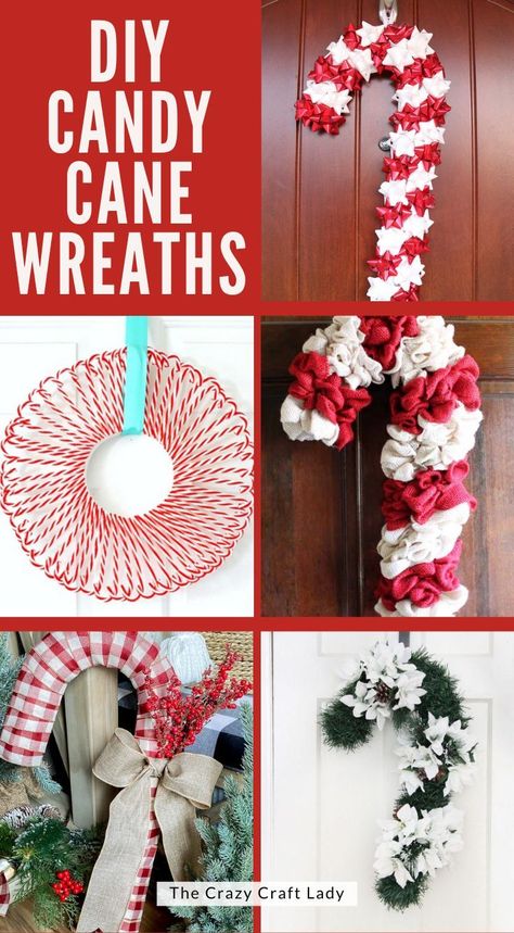 DIY Candy Cane Wreaths Peppermint Candy Wreath Diy, Wire Candycane Wreath, Wire Candy Cane Craft, Candy Cane Shaped Wreath, Diy Candycane Wreaths, Candy Cane Wreath Ideas, Diy Christmas Wreaths Dollar Store, Dollar Tree Candy Cane Wreath Form Ideas, Dollar Tree Candy Cane Wreath Form