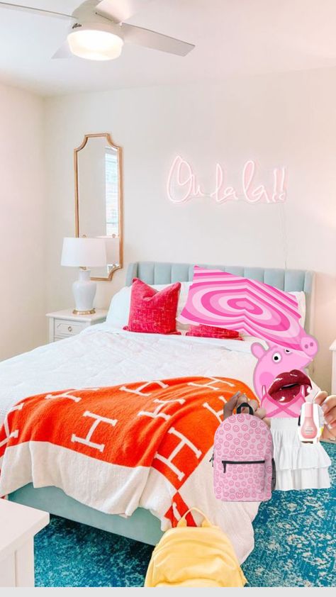 #myfirstshuffle Cute Trendy Bedroom Ideas, Plain Room With Pops Of Color, Cute Preppy Beds, Room Inspiration Bedroom Colorful, Cute Room Ideas Bright Colors, White Bedroom Colorful Accents, Teen Girl Bedrooms Preppy, Teen Girl Bedroom Preppy, Bright Aesthetic Bedroom