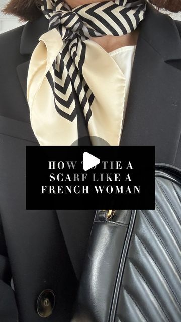 La Vie On Grand | Noelani Meirowsky on Instagram: "How to easily elevate an outfit, put on a scarf. I love the way French women wear scarves no matter the occasion. You can take a simple outfit of jeans, a top, and a blazer and instantly add polish. This scarf is 90x90cm but this will work with any size. Scarf @ysl Blazer @sezane Jeans @agolde Silk Top @sezane Shoes @sezane" How To Wear A Scarf Like A French Woman, Zara Scarf Outfit, How To Tie A Scarf Like A French Woman, Silk Scarf Outfit Classy Work Wear, How To Wear A Neckerchief, Blazer Scarf Outfit, How To Wear A Scarf With A Blazer, Scarf And Blazer Outfit, How To Put On A Scarf