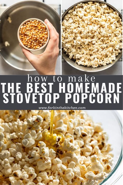 In less than 5 minutes, have hot, fresh, crunchy, butter homemade popcorn that's made right on your stovetop! All you need is some cooking oil - coconut oil gives you the best movie-theater-like popcorn - white or yellow popcorn kernels, and your favorite toppings. Turn this classic popcorn recipe into a variety of sweet or savory versions. Fresh Popped Popcorn, Best Butter Popcorn Recipe, Popcorn Oil Recipe, Stovetop Butter Popcorn, Popcorn Coconut Oil, Popcorn Kernels On Stove, Popcorn On Stovetop How To Make, Stove Popcorn How To Make, Buttered Popcorn Homemade