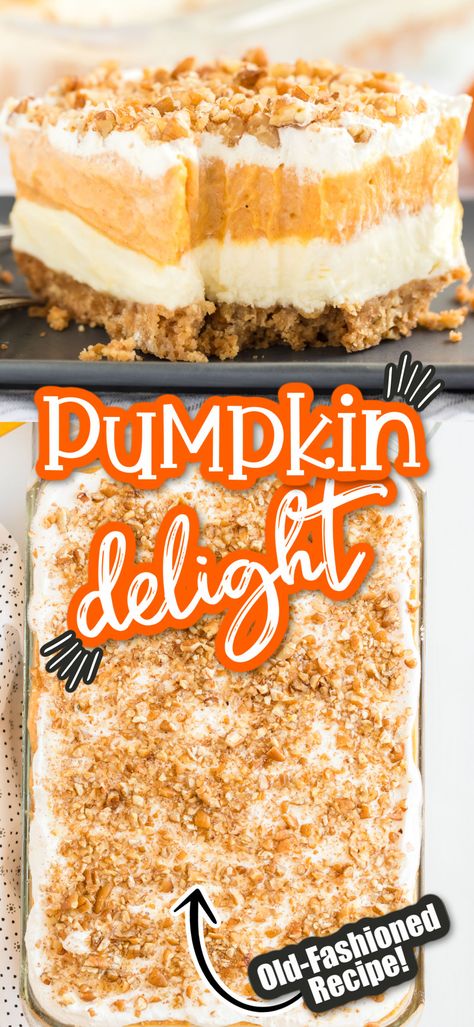 Pumpkin Delight Dessert, Delight Dessert, Pumpkin Puree Recipes, Pumpkin Delight, Pumpkin Pudding, Fall Desserts Easy, Pumpkin Recipes Dessert, Cracker Crust, Fall Dessert Recipes