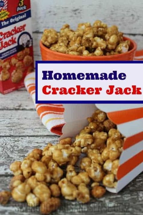 Make your own version of Cracker Jacks popcorn at home using this homemade recipe. Cracker Jack Popcorn, Popcorn Snacks, Homemade Crackers, Cracker Jack, Dessert Aux Fruits, Cracker Jacks, Desserts Vegan, Popcorn Recipes, Outdoor Food