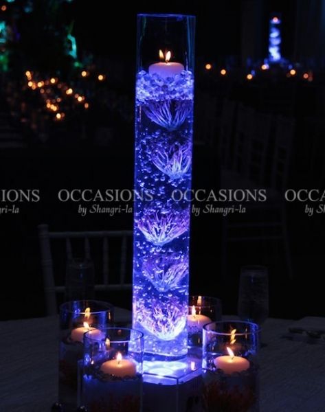 Light Up Flowers, Mermaid Quinceanera Theme, Underwater Centerpieces, Sea Wedding Decorations, Under The Sea Table Centerpieces, Aquarium Centerpiece, Reception Cocktail Tables, Mermaid Theme Wedding, Aquarium Wedding Reception