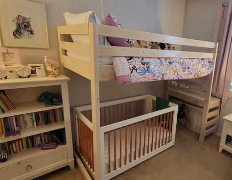 Crib And Bunk Bed Shared Rooms, Loft Bed Crib Underneath, Loft Bed With Toddler Bed Underneath, Loft Bed With Crib Under, Loft Bed Over Crib, Bunk Beds And Crib Shared Room, Crib Under Loft Bed, Loft Bed With Bed Underneath, Bed And Crib Shared Room