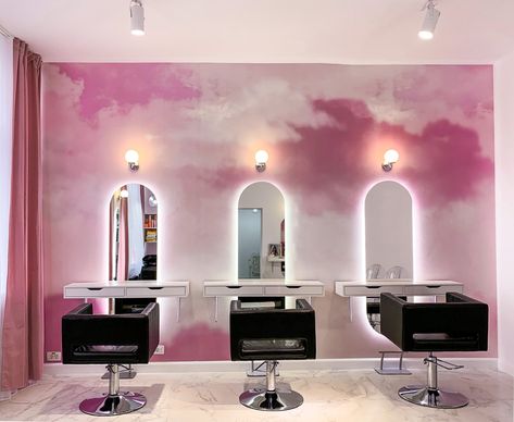 PINK IS ALWAYS A GOOD IDEA on Behance Pink Hair Salon Aesthetic, Salon Suites Layout, Salon Mirror Ideas, Pink Salon Aesthetic, Makeup Studio Decor Interior Design, Makeup Studio Ideas, Makeup Room Design, Makeup Space, Beauty Shop Decor