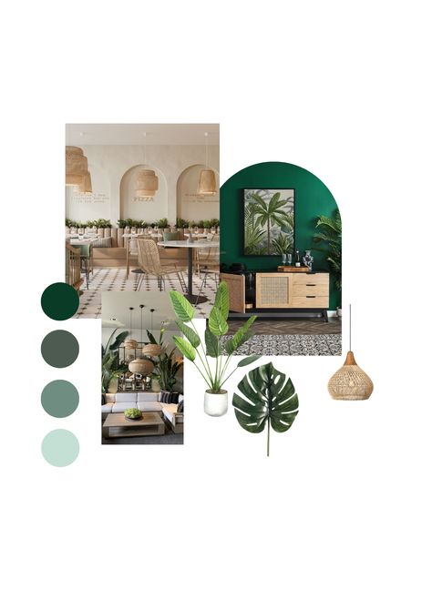 Cafe Moodboard Interior Design, Scandinavian Tropical Interior, Tropical Interior Moodboard, Tropical Theme Interior, Tropical Scandinavian Interior, Cafe Mood Board Interior Design, Tropical Theme Restaurant, Bohemian Cafe Interior, Bohemian Restaurant Interior Design